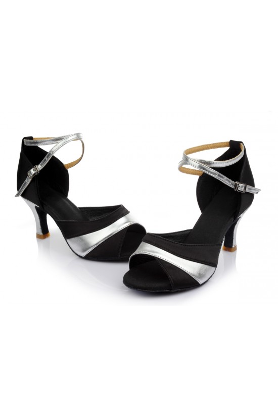 Women's Black Silver Satin Heels Sandals Latin Salsa With Ankle Strap Dance Shoes D602038