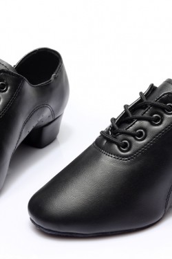 Men's Kids' Black Soft Leather Modern Ballroom Latin Dance Shoes Dance Sneakers Flat Heel D603007