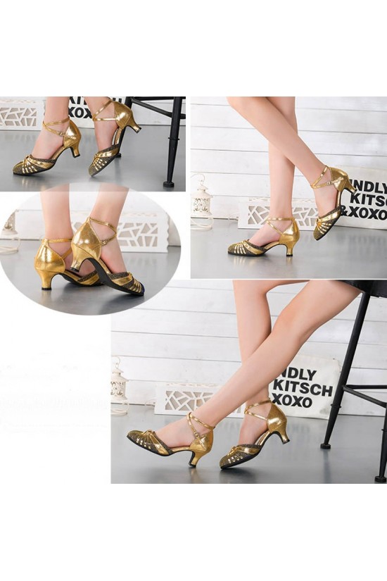 Women's Gold Leatherette Sparkling Glitter Heels Latin With Buckle Dance Shoes D801027