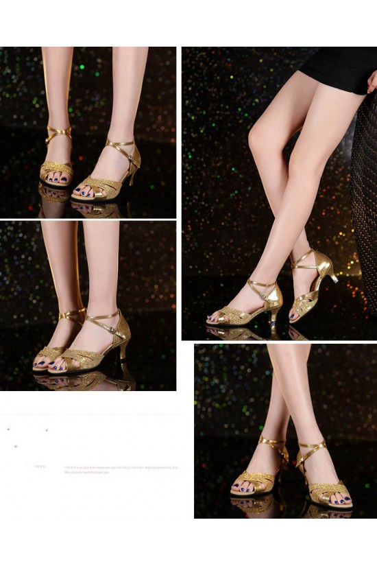 Women's Gold Leatherette Sparkling Glitter Heels Sandals Latin With Buckle Dance Shoes D801029