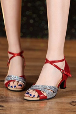 Women's Red Silver Leatherette Sparkling Glitter Heels Sandals Latin With Buckle Dance Shoes D801030