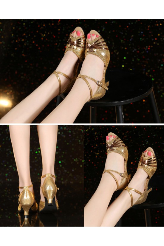 Women's Leatherette Gold Sparkling Glitter Heels Piscine Mouth Sandals With Ankle Strap Latin Ballroom Dance Shoes D801035