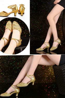 Women's Fashion Gold  Sparkling Glitter Heels With Ankle Strap Latin Ballroom Dance Shoes D801037