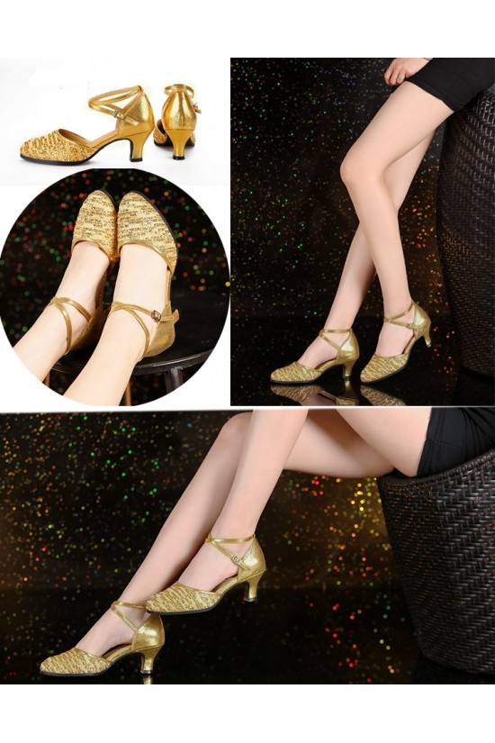 Women's Fashion Gold  Sparkling Glitter Heels With Ankle Strap Latin Ballroom Dance Shoes D801037