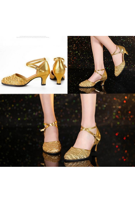 Women's Fashion Gold  Sparkling Glitter Heels With Ankle Strap Latin Ballroom Dance Shoes D801037