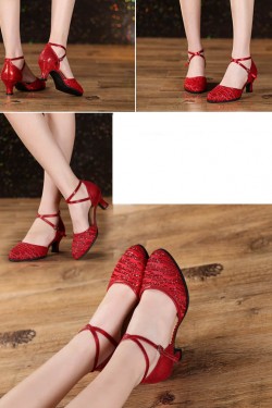 Women's Fashion Red  Sparkling Glitter Heels With Ankle Strap Latin Ballroom Dance Shoes D801039