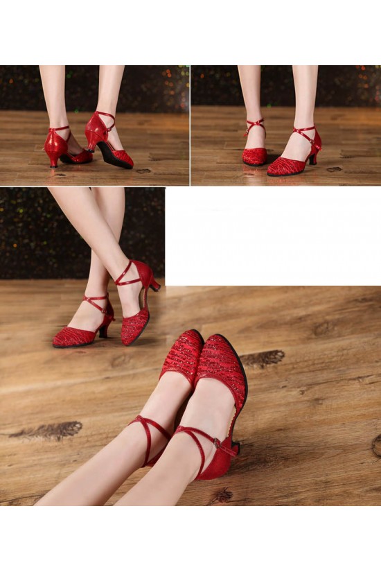 Women's Fashion Red  Sparkling Glitter Heels With Ankle Strap Latin Ballroom Dance Shoes D801039