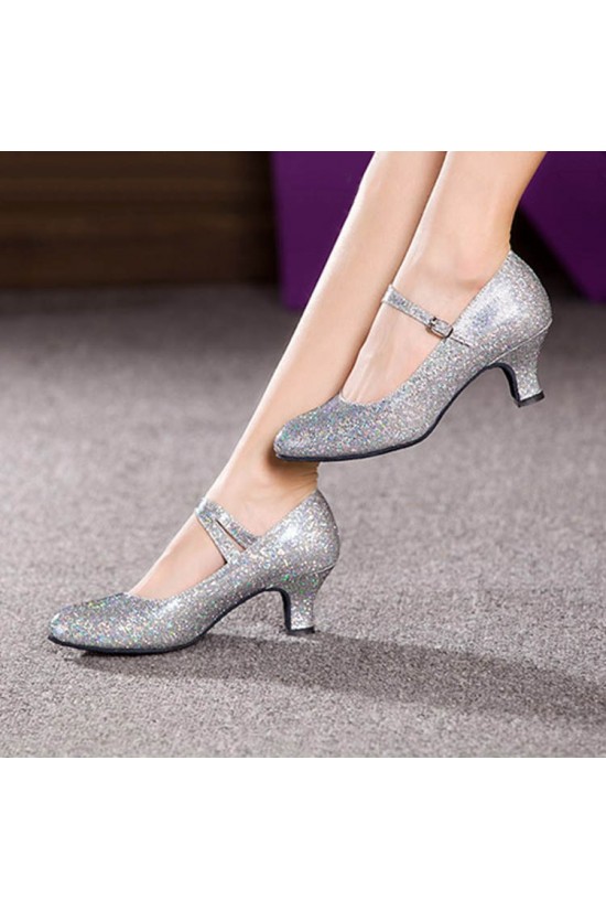 Women's Silver Sparkling Glitter Heels With Buckle Latin Ballroom/Outdoor Dance Shoes Wedding Party Shoes D801055