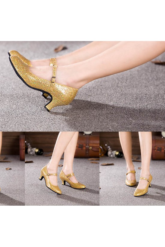 Women's Gold Sparkling Glitter Heels With Buckle Latin Ballroom/Outdoor Dance Shoes Wedding Party Shoes D801056