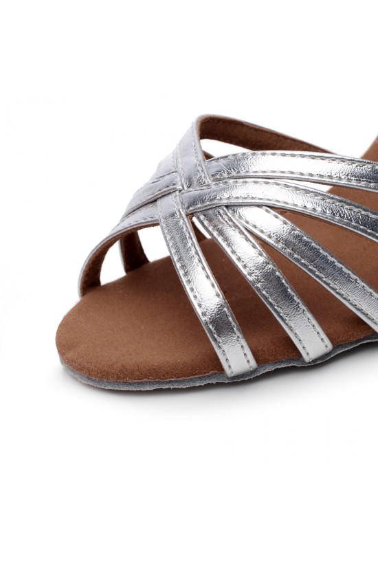 Women's Heels Silver Leatherette Modern Ballroom Latin Salsa Ankle Strap Dance Shoes D901002