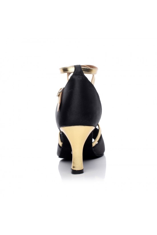 Women's Heels Black Gold Satin Leatherette Modern Ballroom Latin Salsa Ankle Strap Dance Shoes D901014