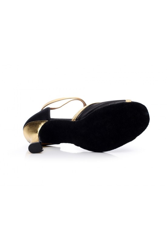 Women's Heels Black Gold Satin Leatherette Modern Ballroom Latin Salsa Ankle Strap Dance Shoes D901014