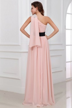 A-Line One-Shoulder Long Pink Beaded Chiffon Prom Evening Formal Party Dresses/Bridesmaid Dresses ED010001
