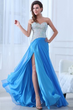 A-Line Sweetheart Beaded Long Blue Chiffon Prom Evening Formal Party Dresses ED010004