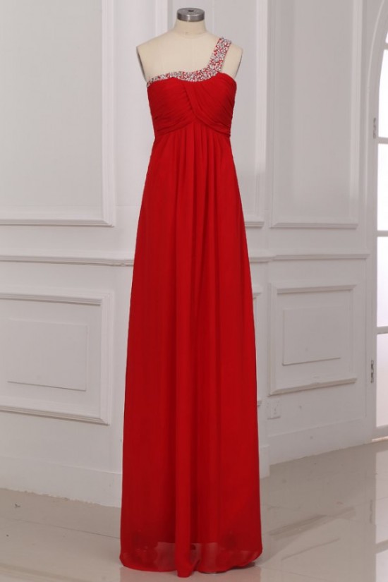 Empire One-Shoulder Long Red Beaded Chiffon Prom Evening Formal Party Dresses/Maternity Evening Dresses ED010006