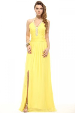 Sheath/Column Halter Long Yellow Beaded Chiffon Prom Evening Formal Party Dresses ED010007