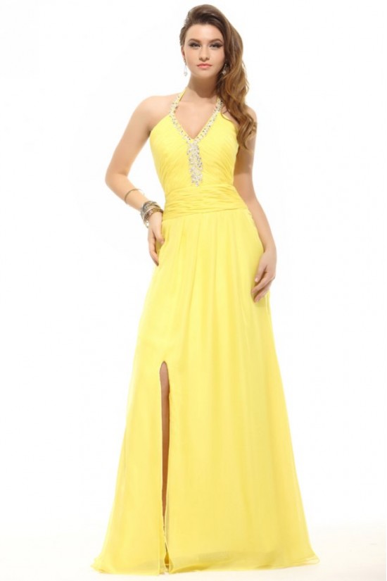 Sheath/Column Halter Long Yellow Beaded Chiffon Prom Evening Formal Party Dresses ED010007