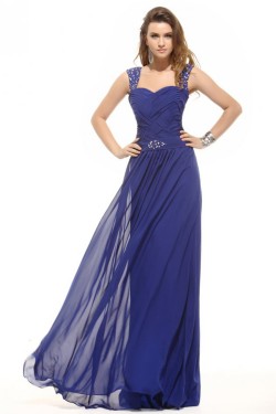 A-Line Beaded Long Blue Chiffon Prom Evening Formal Party Dresses ED010008