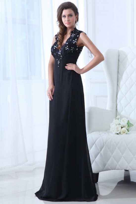 A-Line V-Neck Long Beaded Chiffon Prom Evening Formal Party Dresses ED010015