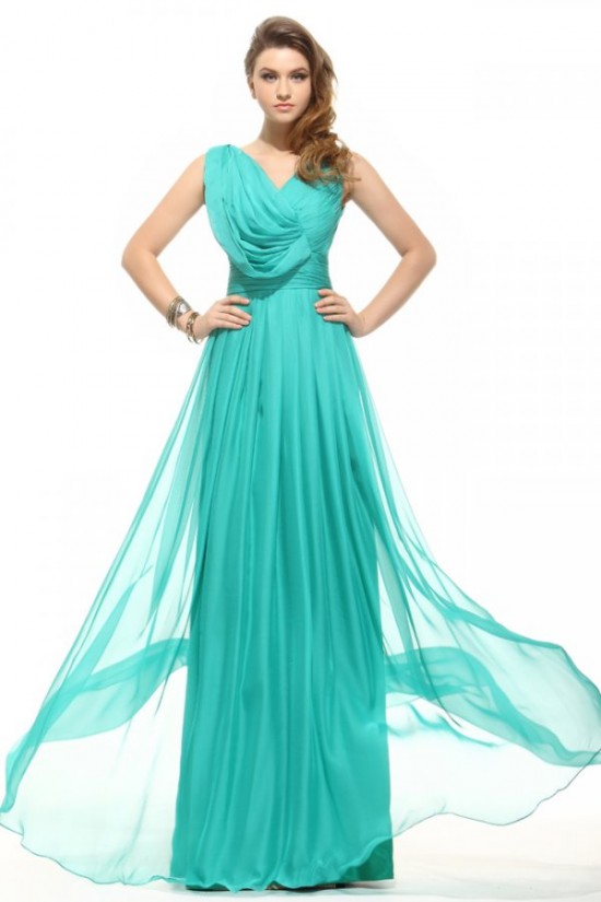 Sheath/Column Long Blue Beaded Chiffon Prom Evening Formal Party Dresses ED010016