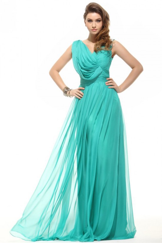 Sheath/Column Long Blue Beaded Chiffon Prom Evening Formal Party Dresses ED010016