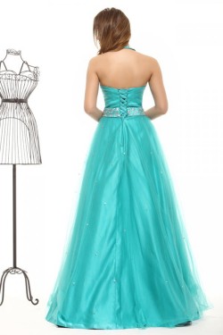 A-Line Halter Long Beaded Blue Prom Evening Formal Party Dresses ED010023