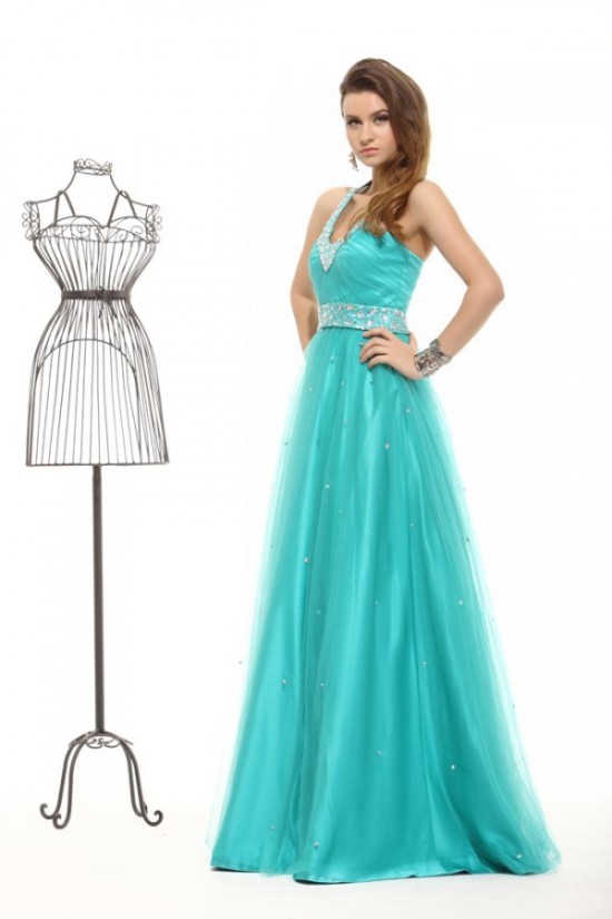 A-Line Halter Long Beaded Blue Prom Evening Formal Party Dresses ED010023