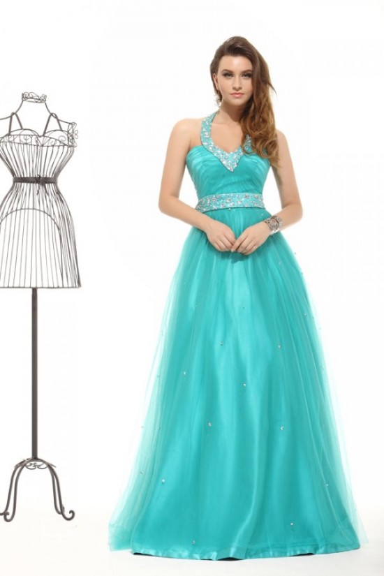 A-Line Halter Long Beaded Blue Prom Evening Formal Party Dresses ED010023