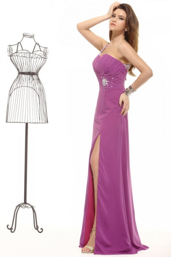 A-Line One-Shoulder Long Beaded Chiffon Prom Evening Formal Party Dresses ED010047