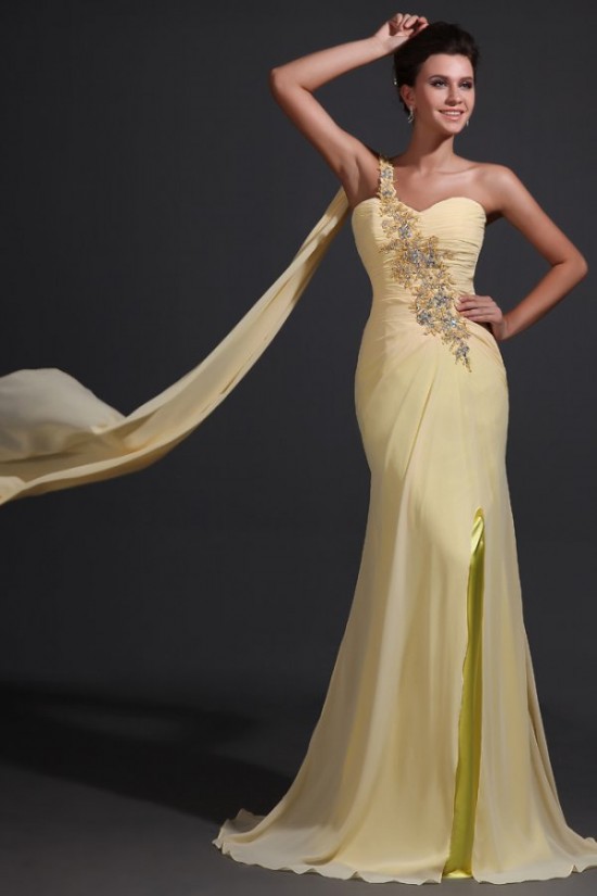 Long Yellow One-Shoulder Beaded Chiffon Prom Evening Formal Party Dresses ED010050