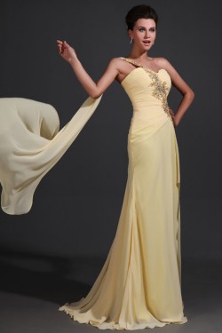 Long Yellow One-Shoulder Beaded Chiffon Prom Evening Formal Party Dresses ED010050