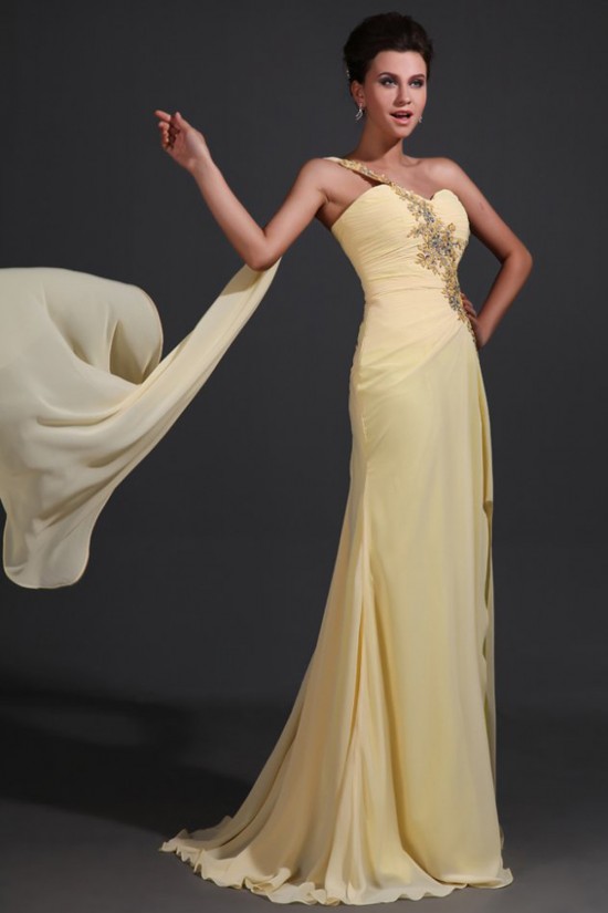 Long Yellow One-Shoulder Beaded Chiffon Prom Evening Formal Party Dresses ED010050