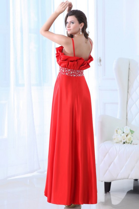 A-Line Spaghetti Strap Beaded Long Red Prom Evening Formal Party Dresses ED010051