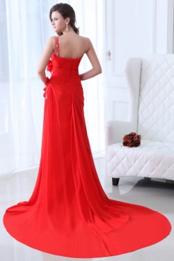 Sheath One-Shoulder Beaded Long Red Chiffon Prom Evening Formal Party Dresses ED010058