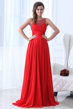 A-Line Beaded Long Red Chiffon Prom Evening Formal Party Dresses ED010059