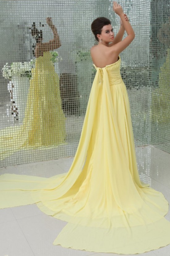 A-Line Strapless Beaded Long Yellow Chiffon Prom Evening Formal Party Dresses ED010061