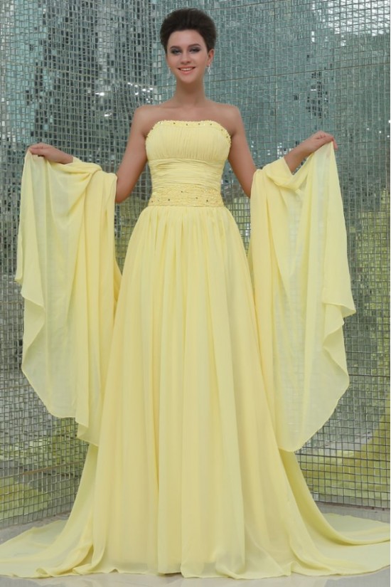 A-Line Strapless Beaded Long Yellow Chiffon Prom Evening Formal Party Dresses ED010061