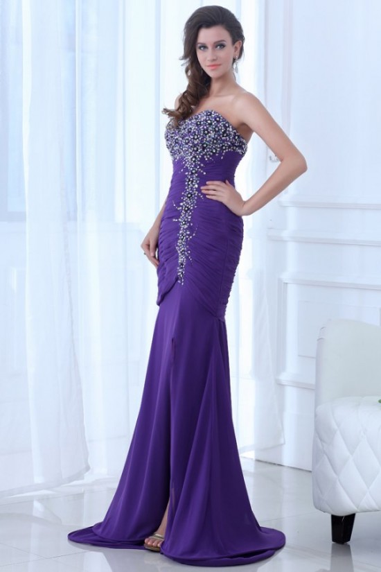 Trumpet/Mermaid Sweetheart Beaded Long Purple Chiffon Prom Evening Formal Party Dresses ED010062