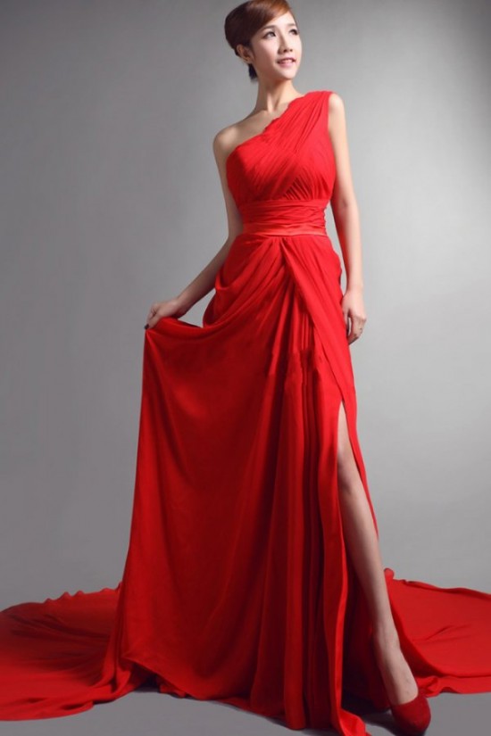 Long Red One-Shoulder Chiffon Prom Evening Formal Party Dresses ED010064