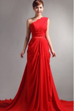 Long Red One-Shoulder Chiffon Prom Evening Formal Party Dresses ED010064