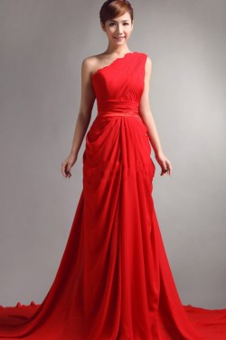 Long Red One-Shoulder Chiffon Prom Evening Formal Party Dresses ED010064