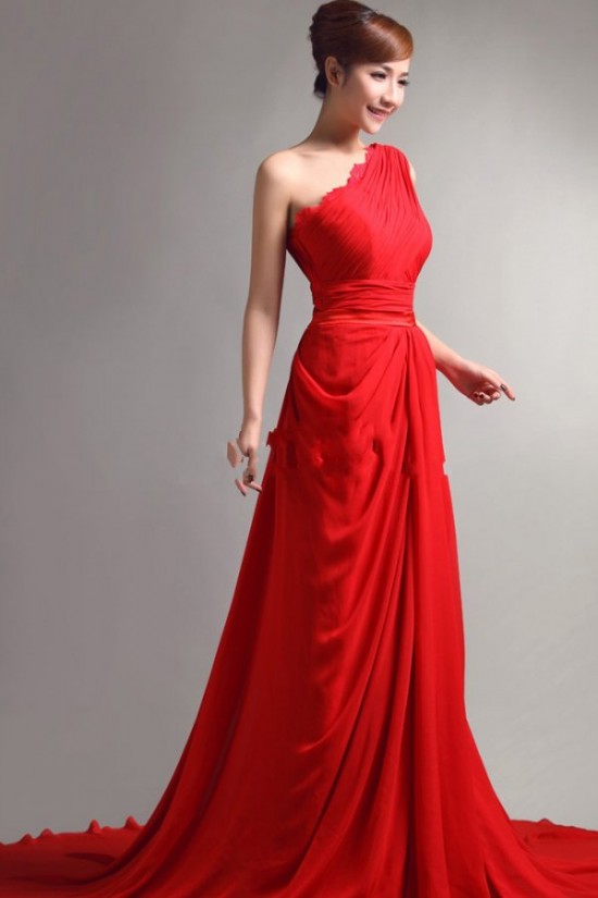 Long Red One-Shoulder Chiffon Prom Evening Formal Party Dresses ED010064