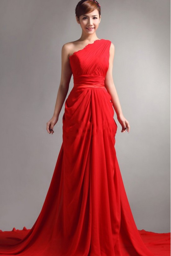 Long Red One-Shoulder Chiffon Prom Evening Formal Party Dresses ED010064