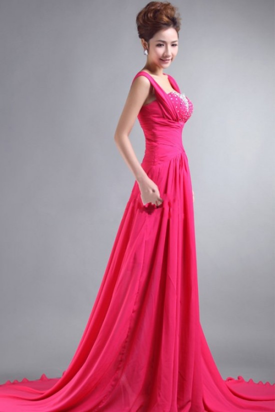 A-Line Beaded Long Pink Chiffon Prom Evening Formal Party Dresses ED010065