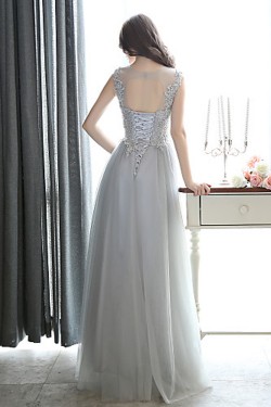 Formal Evening Black Tie Gala Dress Sheath Column Bateau Floor-length Tulle with Appliques Beading Dresses ED010068