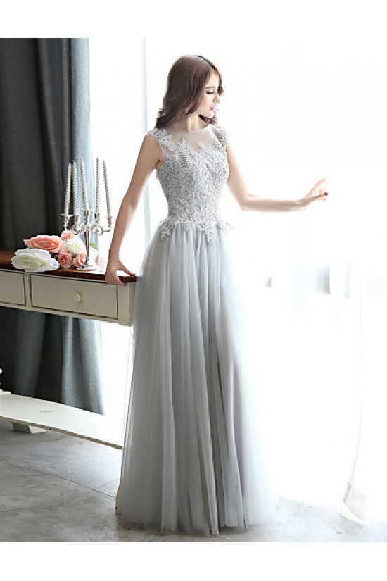 Formal Evening Black Tie Gala Dress Sheath Column Bateau Floor-length Tulle with Appliques Beading Dresses ED010068
