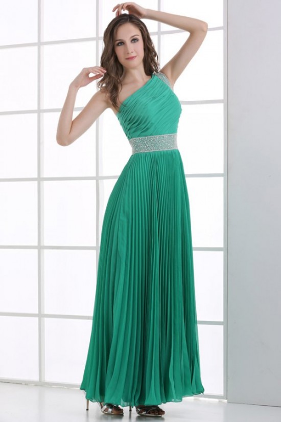 A-Line One-Shoulder Beaded Pleated Long Green Chiffon Prom Evening Formal Party Dresses ED010084