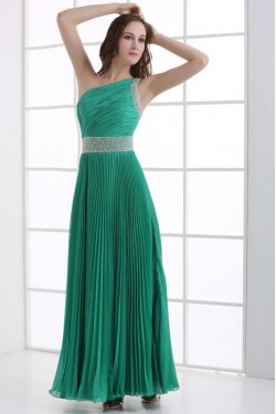 A-Line One-Shoulder Beaded Pleated Long Green Chiffon Prom Evening Formal Party Dresses ED010084