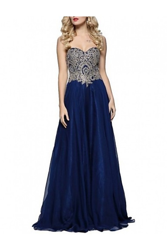 A-Line Sweetheart Lace Appliques Long Blue Prom Evening Formal Party Dresses ED010086