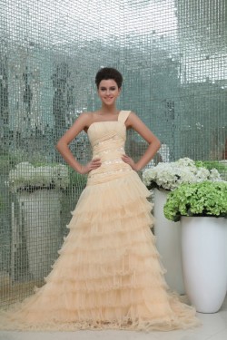 A-Line One-Shoulder Long Yellow Prom Evening Formal Party Dresses ED010087